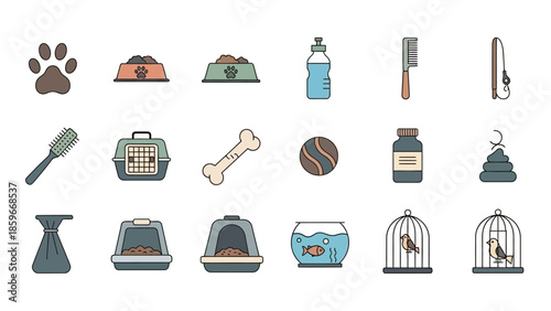 Pet Accessories and Supplies Icons Set.