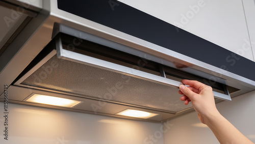 Close up of hand removing metal mesh filter from built in kitchen range hood with lights visible, showing ventilation maintenance, air filtration and appliance care during home cooking