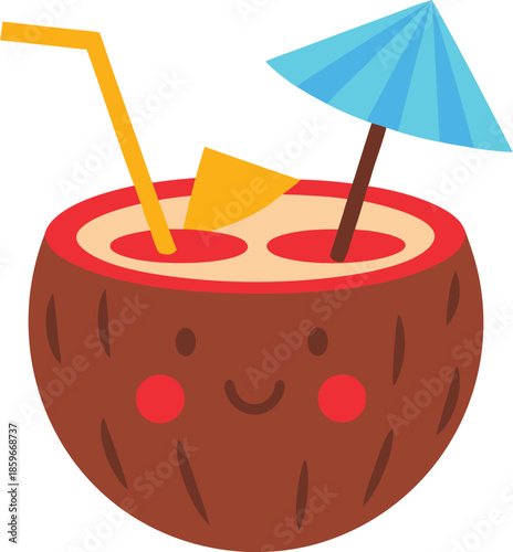 Smiling coconut cocktail with umbrella and straw on transparent background drink beverage tropical summertime vacation summer illustration cartoon happy isolated icon graphic vector clipart beach