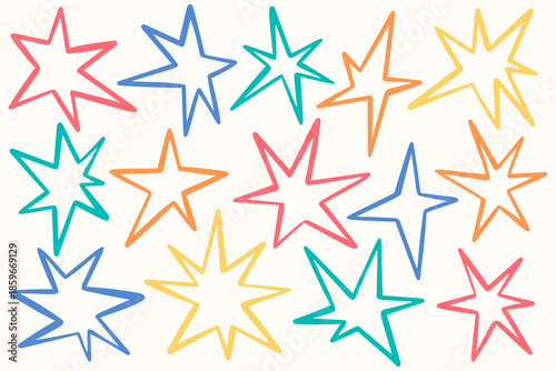 Doodle star icons with hand-sketched sparkles and irregular shapes. Freehand starburst elements perfect for vintage collage art stickers and creative graphic projects. Vector