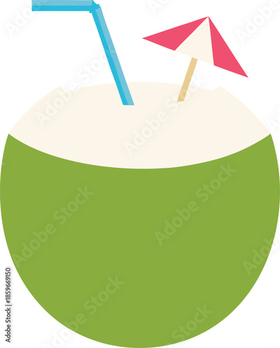 Green coconut with umbrella and straw on transparent background illustration vector summer vacation beach tropical drink refreshing cold pina colada cocktail alcoholic colorful fun isolated