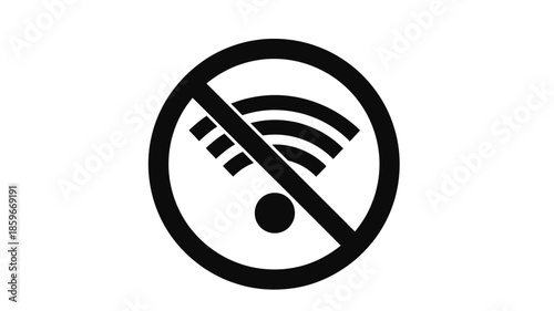 A black and white image depicting a no wifi symbol a circle with a slash and wifi waves