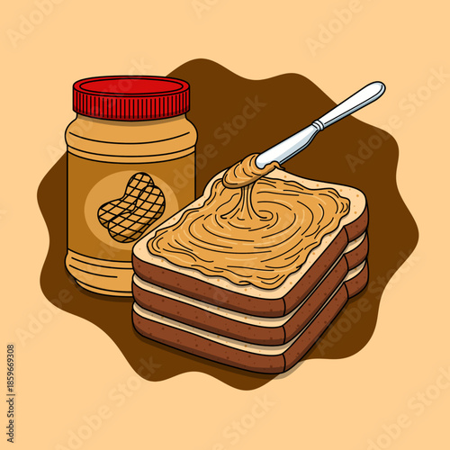 A jar of peanut butter and four slices of whole wheat bread with a silver knife spread peanut butter on the top of the bread. National Peanut Butter Day, January 24th