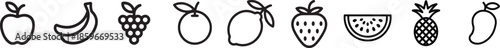 Black outline icons of assorted fruits including apple, banana, grapes, orange, lemon, strawberry, watermelon, pineapple, and mango