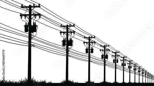 High voltage power transmission lines, utility poles silhouette, electricity infrastructure, energy distribution network, industrial grid, renewable future, urban rural landscape, engineering 