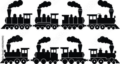 Vintage steam locomotive silhouette set, classic railway train engines illustration, black steam train collection, retro transportation design, industrial transport history