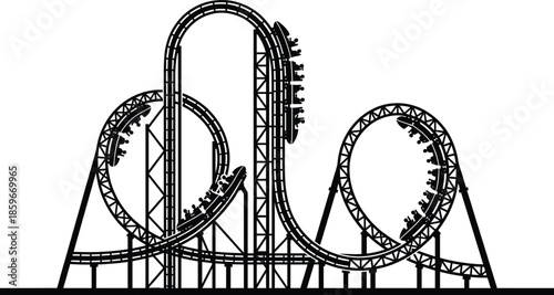 Roller coaster silhouette illustration, extreme amusement park ride, looping steel track design, thrill attraction concept, adventure theme, isolated on white background