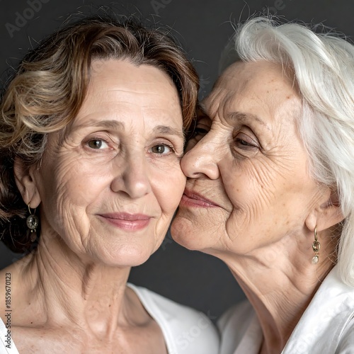 Two mature women sharing a tender moment. Close-up portrait