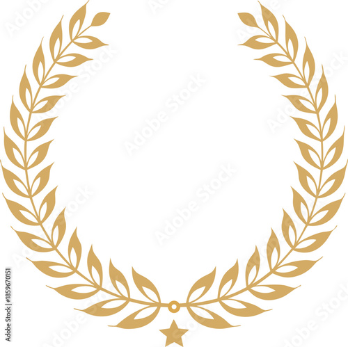 Golden laurel wreath with star on transparent background gold award victory champion winner isolated icon logo symbol emblem badge achievement success recognition trophy medal honor