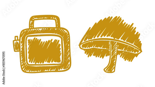 Camera and Mushroom Simple Line Artwork.