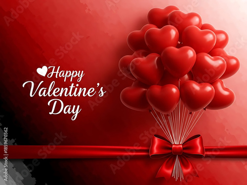 Happy valentine's day with red heart balloons and ribbon