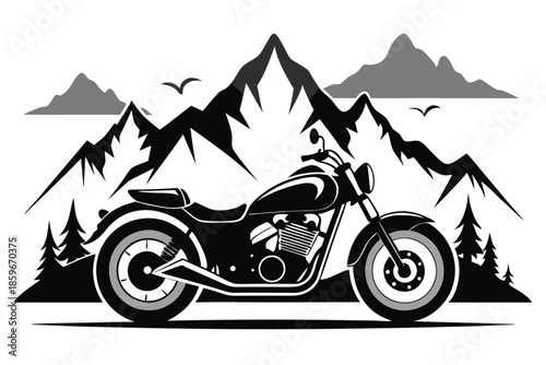 motorcycle at mountain scenery line art silhouette vector illustration