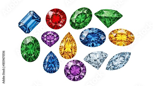 Collection of colorful gems and jewels, precious stones of various shapes and cuts on white