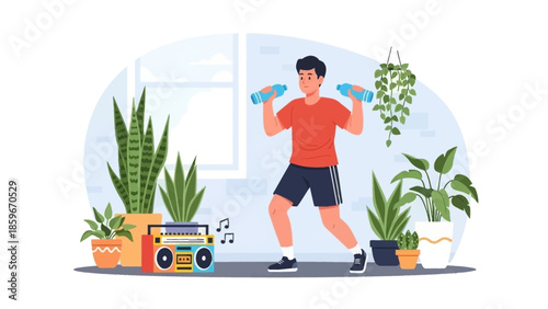 Man Exercising with Dumbbells at Home.