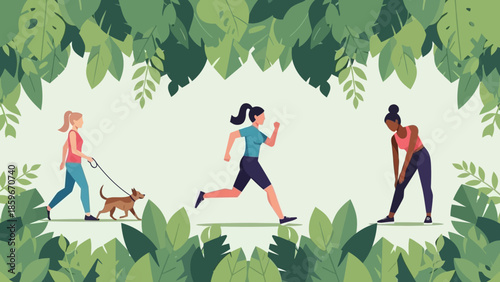 Women Exercising Outdoors with Dog.