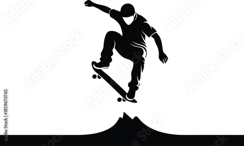 Silhouette, skateboarder, mid-air trick, extreme sport, skate ramp, urban style, dynamic pose, black and white, youth culture, action energy