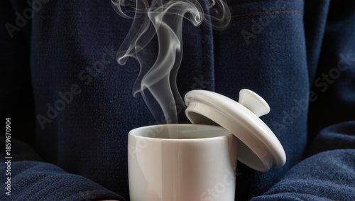 Hands holding a white ceramic cup of steaming hot tea outdoors during winter walk, cozy atmosphere, warm clothing, fresh air and soft natural light, winter leisure moment