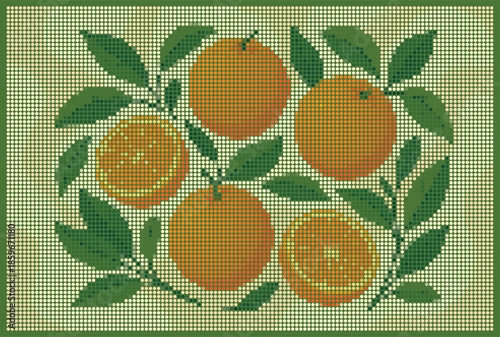 Orange Fruits in Kitchen Setting Halftone Dot Matrix Poster Illustration
