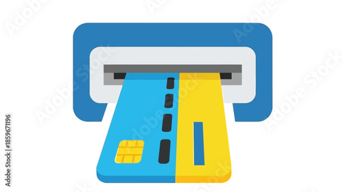 A flat design illustration of an atm machine dispensing a blue credit card
