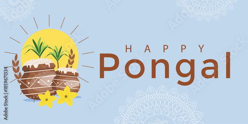 Happy Pongal banner. Indiana celebration greeting card for web design. Pot, plant, sun, text. Vector illustration