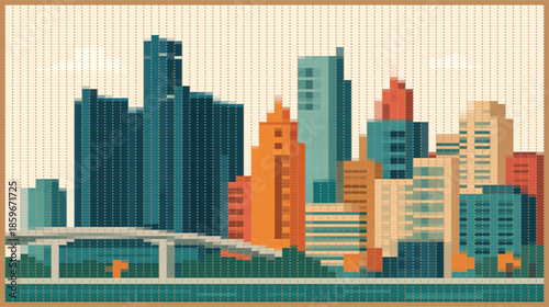 Urban Cityscape Skyline Halftone Dot Matrix Art Poster Illustration