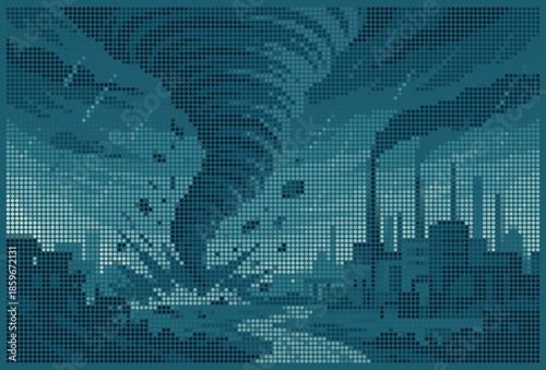 Powerful Tornado Striking Industrial City Halftone Dot Matrix Illustration