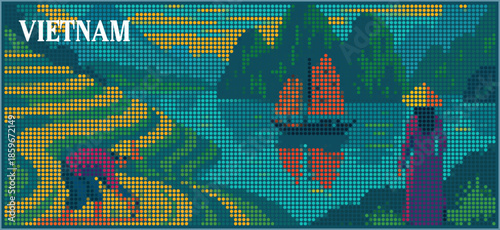 Iconic Vietnam Landscapes Travel Halftone Dot Matrix Poster Illustration