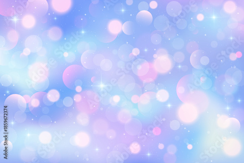 Abstract bokeh background with soft blue and purple light effects. Magical sparkle patterns on dreamy pastel gradient creating ethereal atmosphere. Perfect for celebration designs. Vector bg