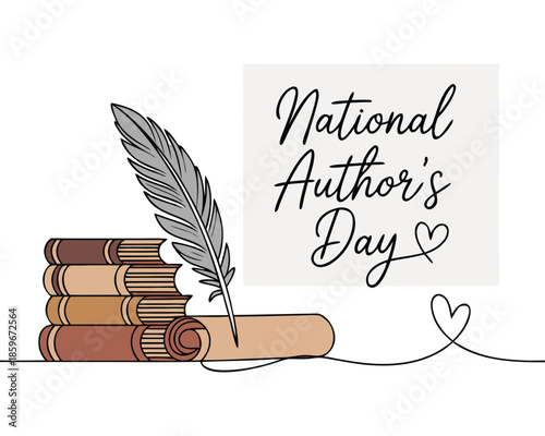 Authors day line art poster and banner design vector. Continuous line art of books with inkpot and typewriter vintage style. November celebration. Book lover. Writers editors and authors day. Postcard