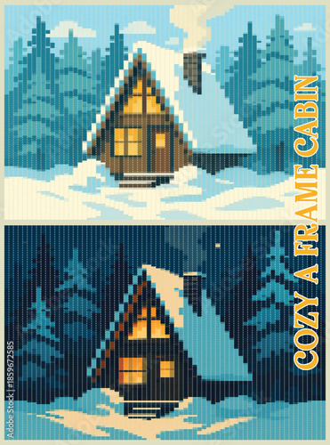 Cozy A-frame Cabin in Snowy Winter Forest Halftone Pixel Matrix Art