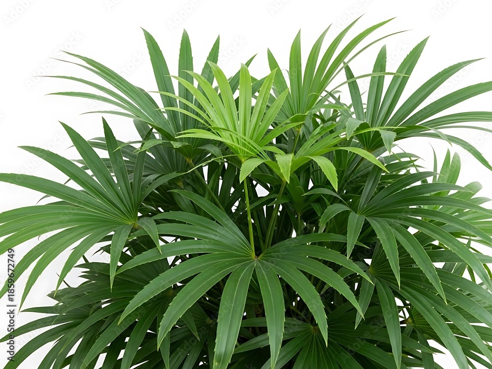 Fototapeta premium Lush Green Palm Plant with Long Leaf Fronds Against White Background tropical indoor plant