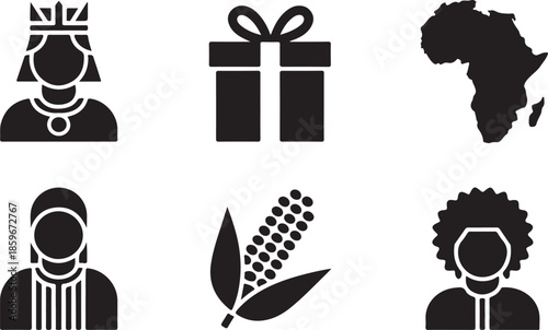 A series of distinct black silhouette icons representing a crowned person, wrapped gift, African continent, and people