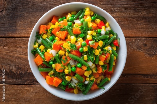 A vibrant bowl of mixed vegetables corn peas carrots and green beans