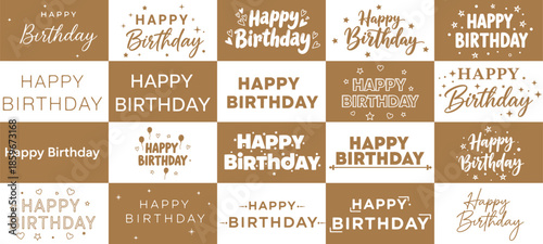 Happy birthday celebration concept. Greeting birthday party lettering with celebration hand drawn elements, decorative invitation card vector set. anniversary black and gold handwritten inscription