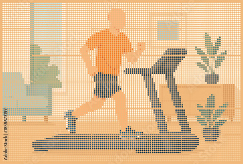 Man Exercising on Treadmill at Home Bento Grid Halftone Dot Matrix Art