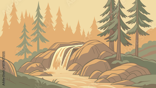 Warm Forest Waterfall Landscape Flat Vector Illustration