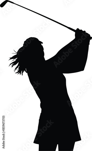 Dynamic Silhouette of a Female Golfer Swinging a Club on the Course, Perfect for Sports Promotion and Golfing Apparel