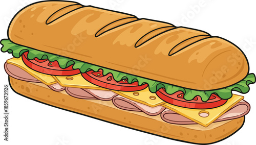 Delicious Sub Sandwich with Fresh Ingredients: A Tasty Illustration of Gourmet Hoagie Filled with Meats, Cheese, and Vegetables