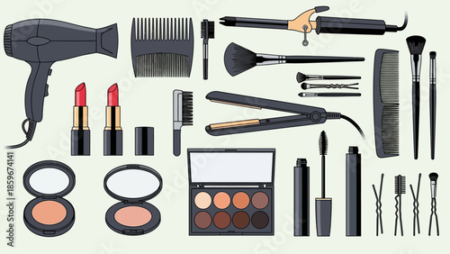 Assorted Makeup Products and Hair Tools Display.