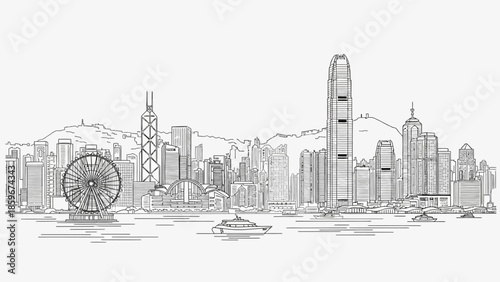 City Skyline with Skyscrapers and Ferris Wheel.