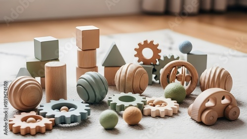 Wooden sensory toys for children arranged on soft floor mat  