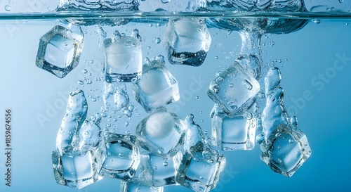 Ice cubes falling and splashing into clear water with bubbles  