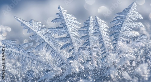 Ice crystals forming on frozen surface in winter light  