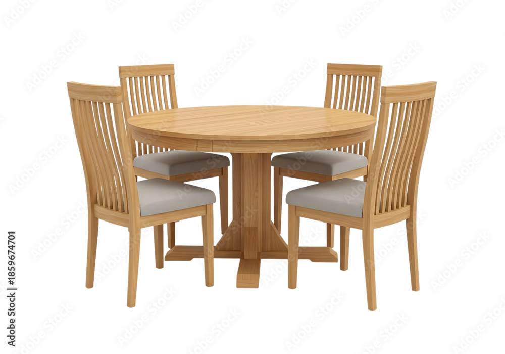 Fototapeta premium Round wooden dining table with four chairs isolated on transparent background