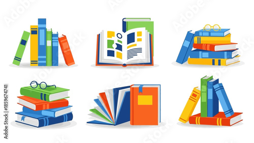 Colorful Stacks of Books and Open Book.