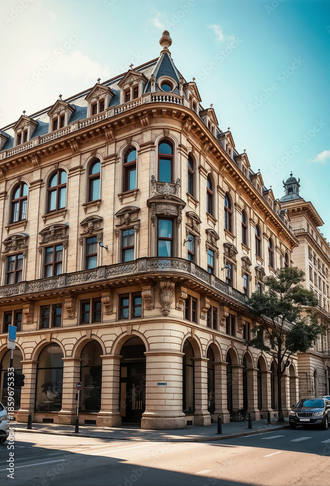 Fototapeta premium Historic building with ornate architecture, featuring large windows and decorative elements