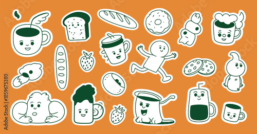 Hand drawn doodle sketchy character and coffee mascot, vector logo and sticker template, cafe and specialty coffee emblem, happy barista with coffee cup illustration.