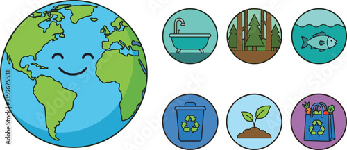 Happy Earth eco icons, sustainability recycling conservation nature environment protection illustration set