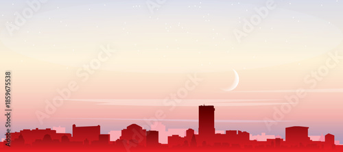 Red panoramic poster of the city skyline with misty background buildings, sunrise, moon and clouds of LOS ANGELES, UNITED STATES