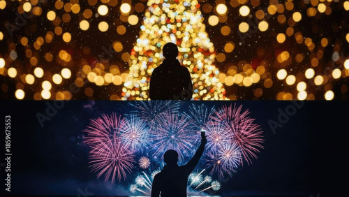 Celebrating festive occasions: Christmas tree and New Year's fireworks for joy